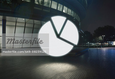 Glowing pie chart symbol in city at night