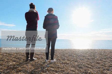 Rear view of two young adult sisters looking out at sunlit sea