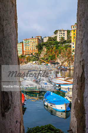 Framed view of fishing boats, Camogli, Liguria,  Italy