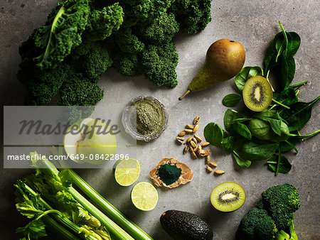 Overhead view of green colour fruit and vegetables