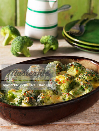 Casserole side dish with  broccoli gratin and cheese