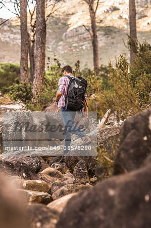 Male hiker hiking down forest rock formation, Deer Park, Cape Town, South Africa
