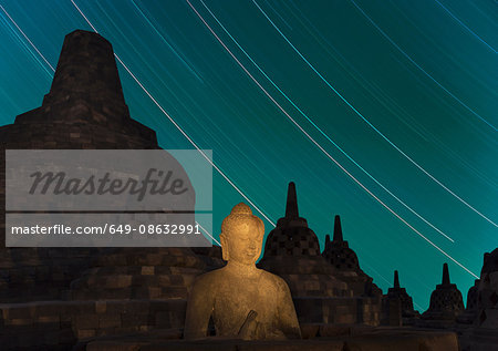 Night star trails, The Buddhist Temple of Borobudur, Java, Indonesia