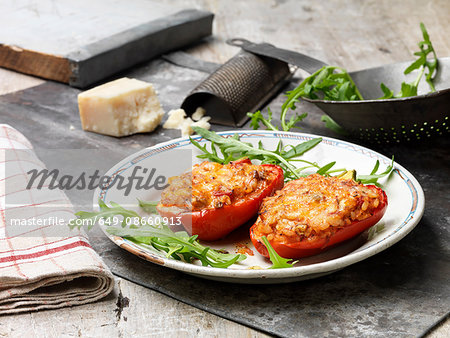 Food, vegetarian meals, filled red peppers, rice cheese, mushrooms, rocket, parmesan