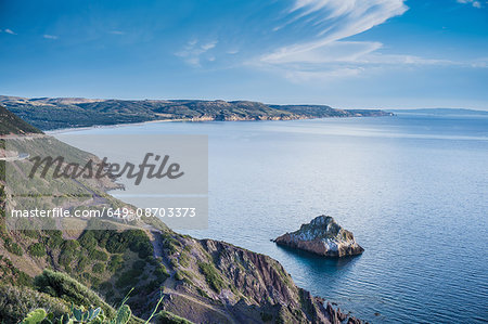 High angle view of blue sea and coastline, Masua, Italy