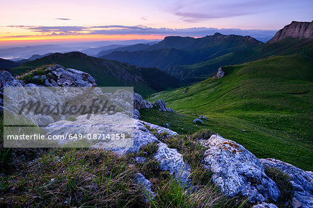 Landscape with rocks at dusk, Bolshoy Thach (Big Thach) Nature Park, Caucasian Mountains, Republic of Adygea, Russia