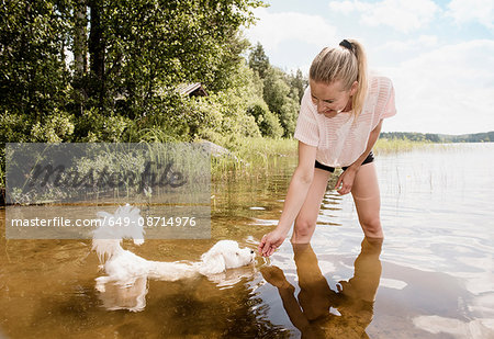 Woman with Coton de tulear dog in lake, Orivesi, Finland