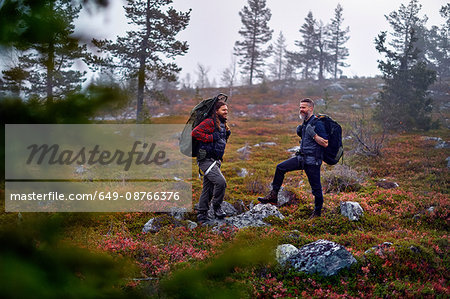 Hikers waiting in park, Sarkitunturi, Lapland, Finland