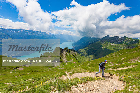 Man on mountain path, Brienzer Rothorn, Bernese Oberland, Switzerland
