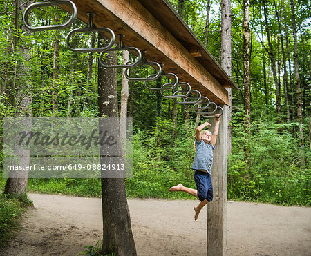 Boy hanging from monkey bars in playground