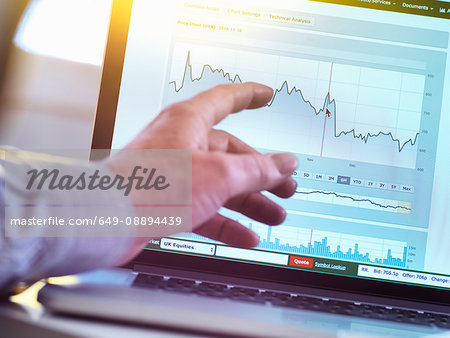 Investor viewing company share price market data on a laptop computer