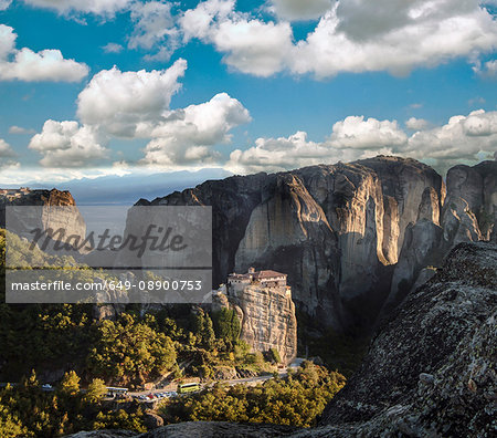 Landscape view of Roussanou Monastery on top of rock formation, Meteora, Thassaly, Greece