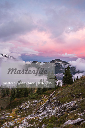 Clouds on snow covered mountains, Mount Baker, Washington, USA