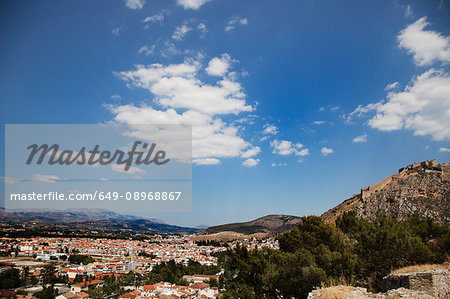 Elevated view of valley cityscape and Palamidi Fortress, Nafplio, Greece