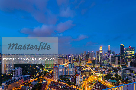 Financial district cityscape and chinatown at night, Singapore, South East Asia