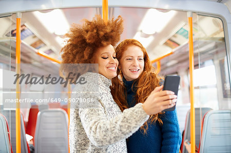 Friends taking selfie with mobile phone on train, London