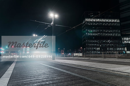 Electric railway train passing office buildings, Aarhus, Midtjylland, Denmark