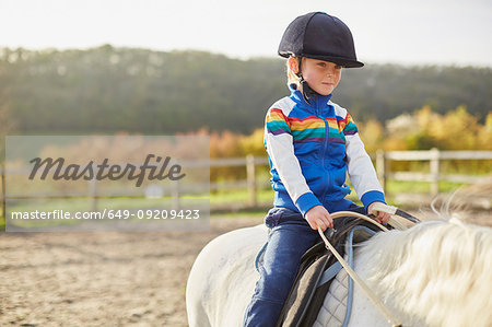 Download Boy Riding White Pony In Equestrian Arena Stock Photo Masterfile Premium Royalty Free Code 649 09209423