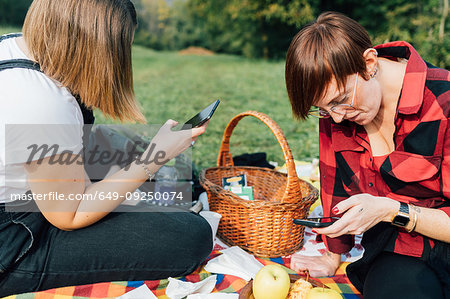 Friends texting at picnic, Rezzago, Lombardy, Italy