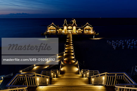 Traditional pier illuminated at night, elevated view, Sellin, Rugen, Mecklenburg-Vorpommern, Germany
