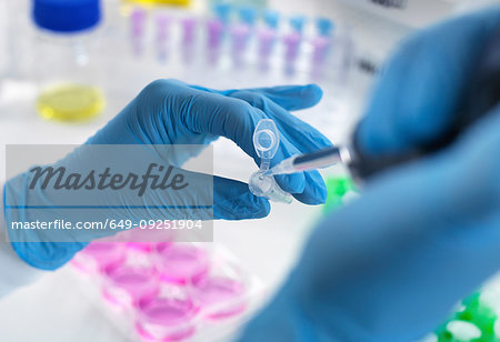 Biotechnology research, scientist pipetting sample into vial for analysis in laboratory, close up of hands