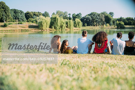 Group of friends enjoying view of lake in park