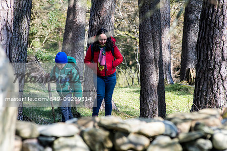 Mother and son exploring national park, Llanaber, Gwynedd, United Kingdom