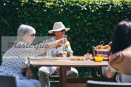 Family celebrating with champagne and cakes in garden