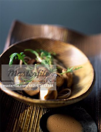 Buckwheat pasta salad with ceps and sesame sauce