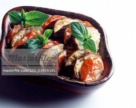 mini aubergine, mozzarella, tomato and basil bake