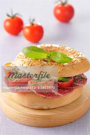 Pancetta, tomato and mozarella bagel sandwich