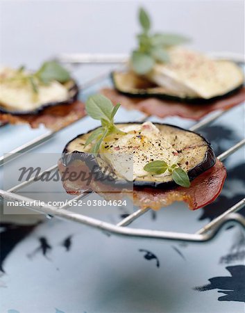 Grilled eggplant,bacon and Brie appetizers