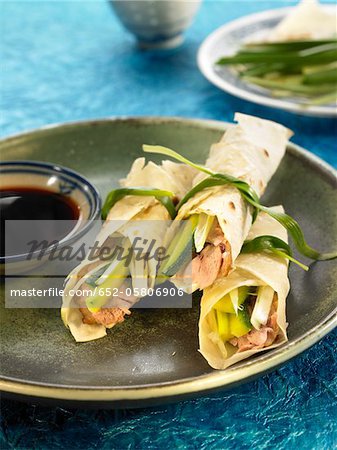 Peking duck,zucchini and ginger wraps