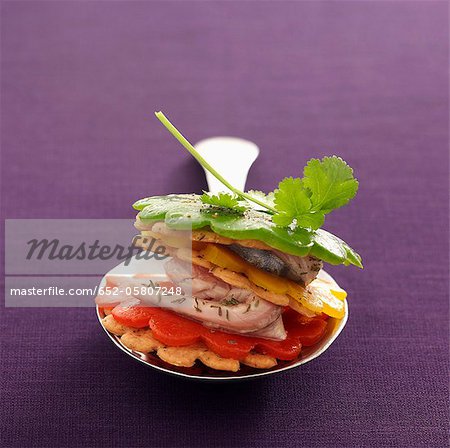 Three-colored pepper and marinated sardine Mille-feuille