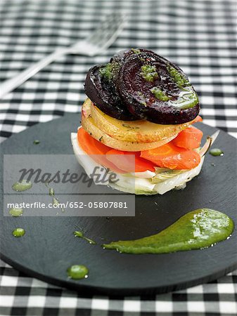 Onion,carrot,beetroot and potato Mille-feuille