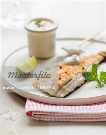 Grilled bass with pink peppercorns ,yoghurt sauce