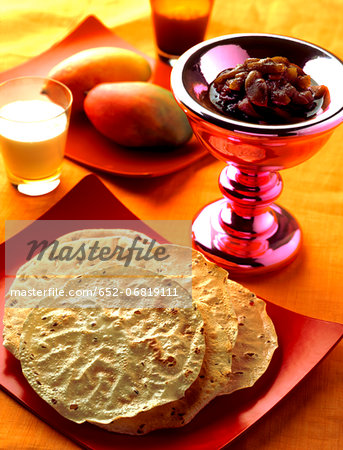 Chapatis,spicy chutney and mangoes