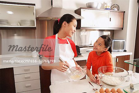 Two sisters baking in kitchen