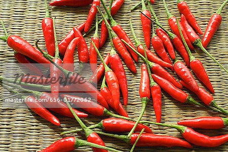 Still life of chilies against woven mat