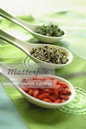 Still life of 3 Chinese soup spoons with spices