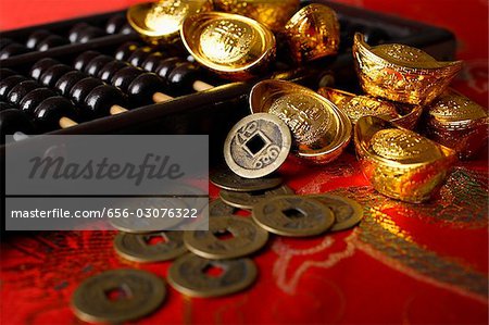 Still life of old Chinese money and abacus.