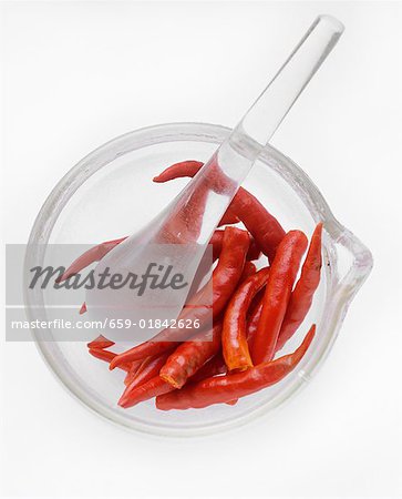 Red Thai Hot Peppers in Glass Mortar
