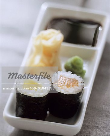 Sushi Plate of Maki, Gari and Dipping Sauce"