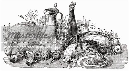 Still life: poultry, vegetables, fruit & wine (illustration)