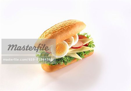 Cheese, radishes and egg in a sandwich