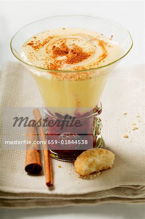 Raspberry compote, Madeira cream & cinnamon in glass, amaretti Raspberry compote, Madeira cream & cinnamon in glass, amaretti