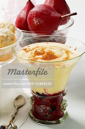 Raspberry compote, Madeira cream & cinnamon, pears in red wine Raspberry compote, Madeira cream & cinnamon, pears in red wine
