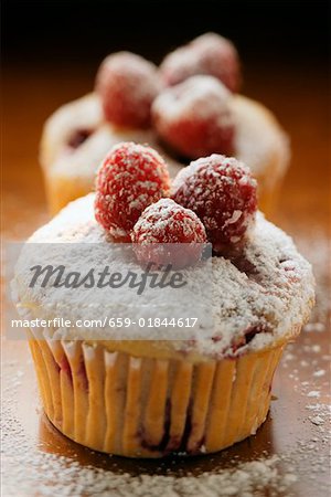 Raspberry muffins with icing sugar