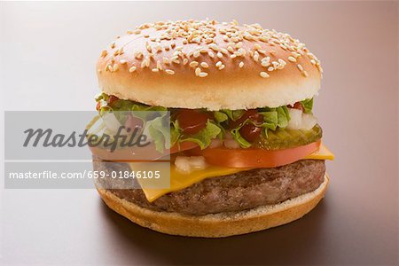 Cheeseburger with tomato, gherkins, onions, ketchup