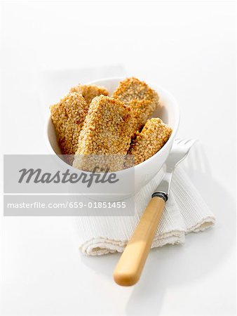 Sesame tofu in small white bowl